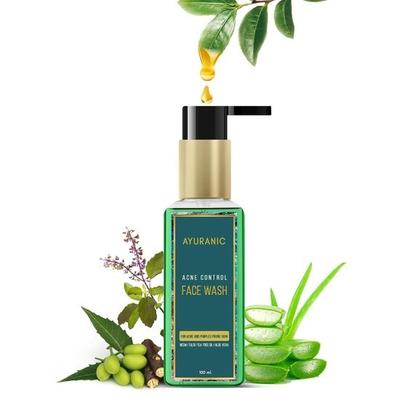 Ayuranic Kontrola akné Neem Bylinný pleťový mycí gel pro kontrolu mastnoty a pupínků | Ájurvédský čisticí prostředek s Tulsi, Tea Tree olejem | 11 přírodních bylin (100 ml)