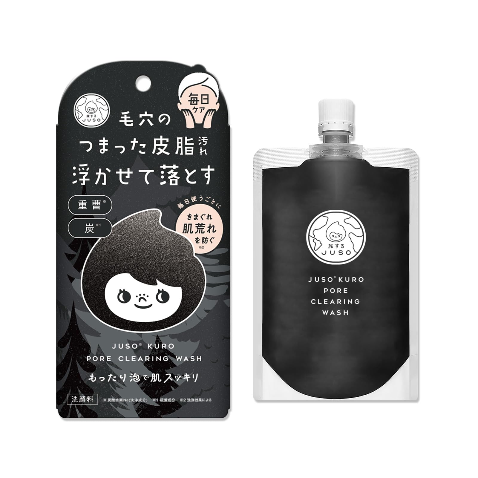 

JUSO KURO PORE CLEARING WASH a black face wash with baking soda and Dense and enzymes for dead skin and 100g, charcoal. foam, cleansing, pores, sebum,