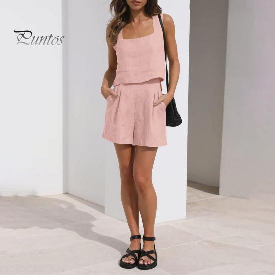 2 Pcs/Set Women Tank Top Shorts Set Square Neck Sleeveless Loose Top High Waist A-line Trousers Casual Daily Wear Vest Pants Set