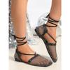 Women's Square Toe Fishnet Socks Mesh Anklet Strap Sandals Fashion Plus Size Colored Rhinestone Flat Sandals