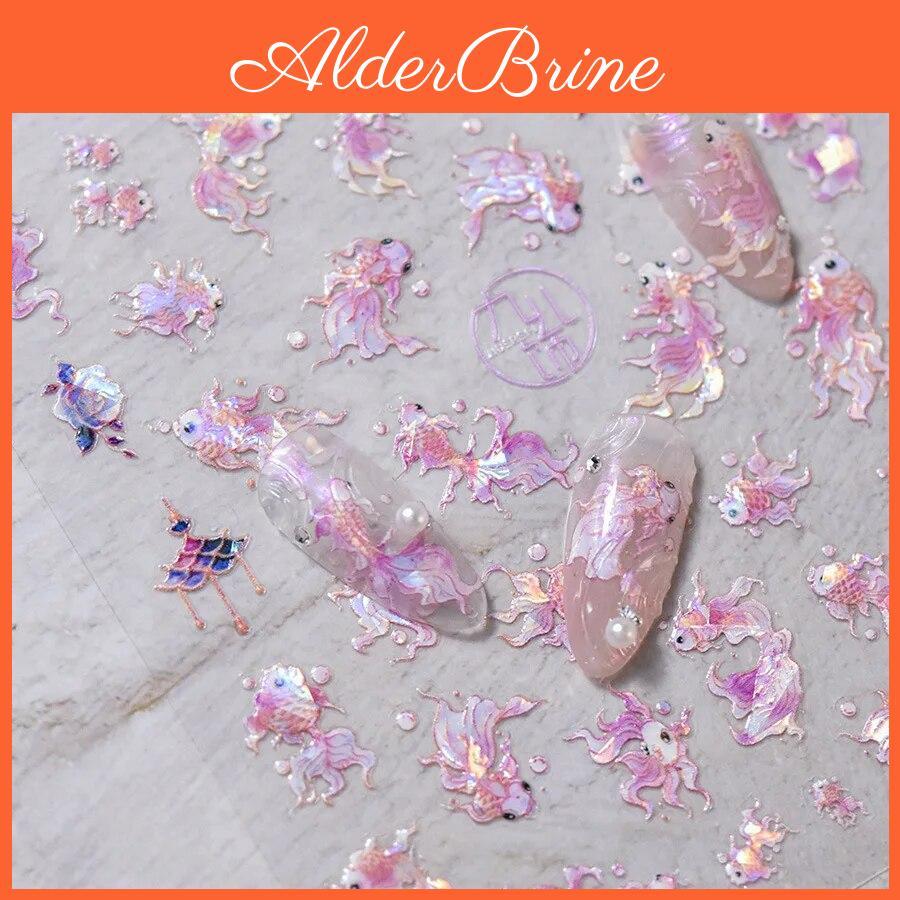 Embossed 1pcs Glitter Nail Fish Art Stickers Pink Yellow Red Selfadhesive Transfer Nail Decorations Slider Decals Diy