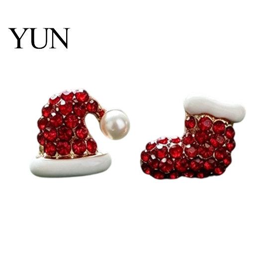 Cute Holiday Party Jewelry 1 Pair Christmas Stud Earrings, Sparkly Red Rhinestone Stocking for Women And Santa Hat Gifts Decorative Winter Earrings
