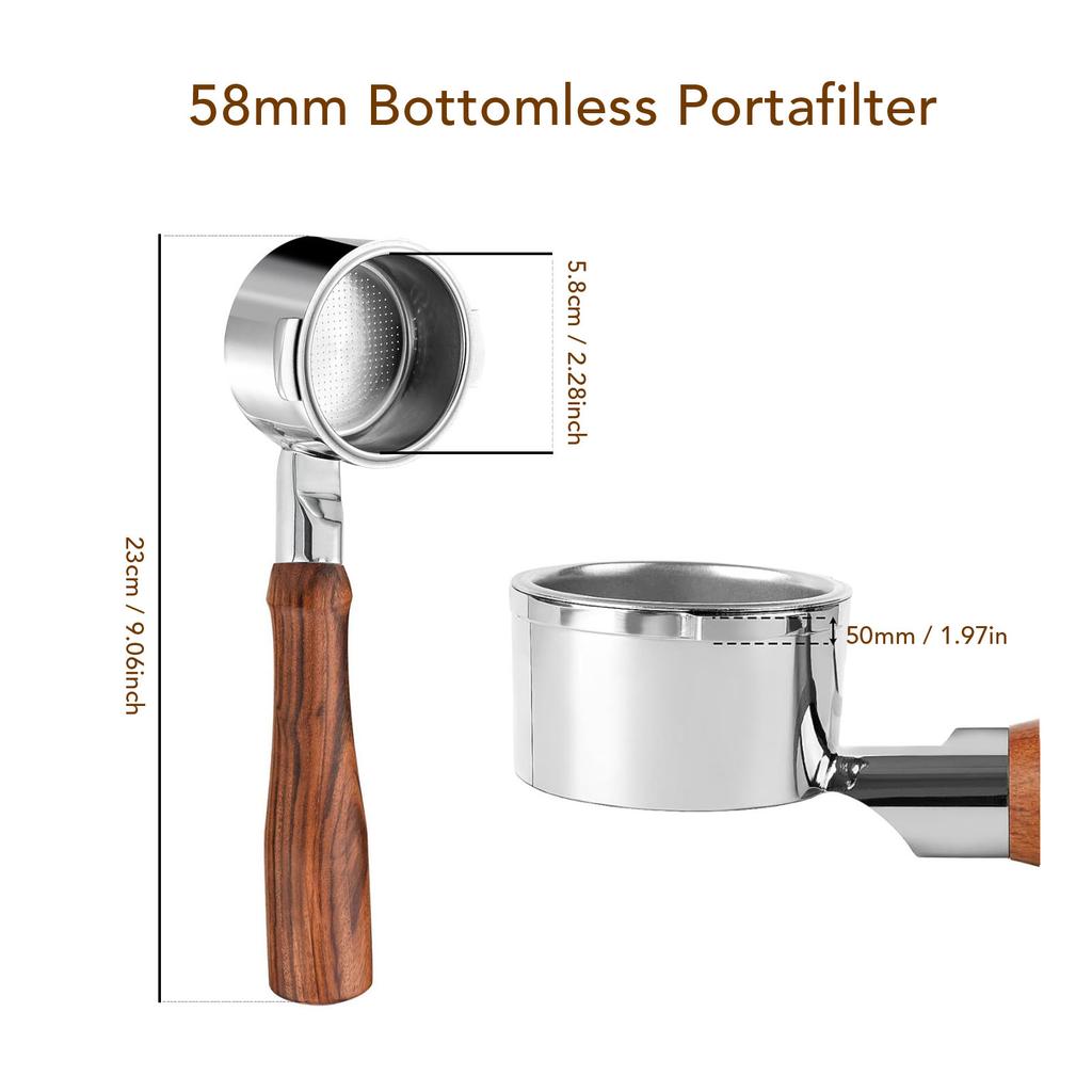58mm Bottomless Portafilter Fit for Petrus Coffee Machine Stainless Steel Coffee Bottomless Portafilter 3 Ears Wood Handle