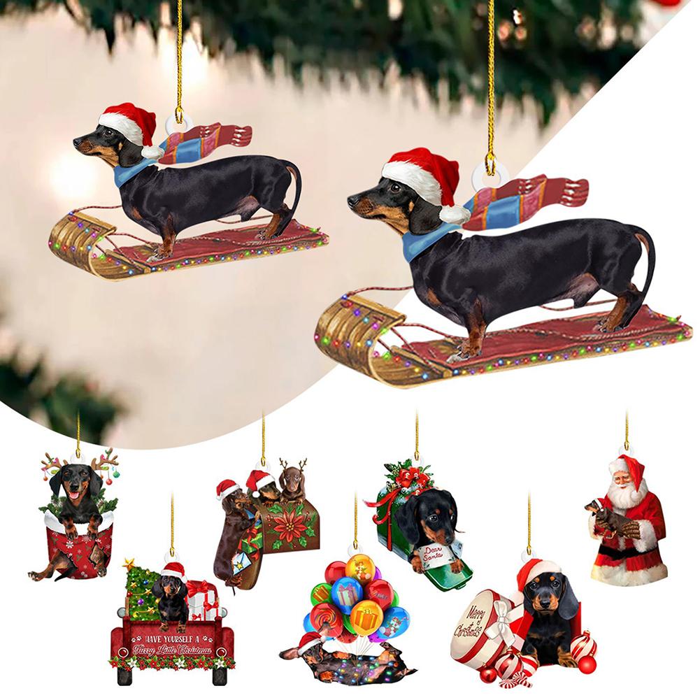 Christmas Hanging Sled Dachshund Decor Acrylic Cute Dachshund Dog Pendant Festival Theme Xmas Tree Backpack Car Interior Decor