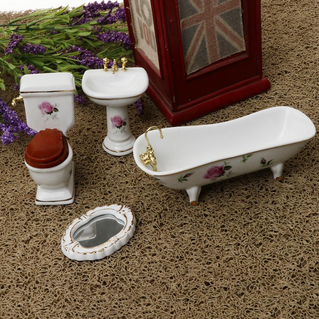 1/12 Casa delle bambole Mini mobili Set da bagno in ceramica Toilette Vasca da bagno Bambole Bambini Gioco di ruolo Giocattoli Regalo Casa delle bambole