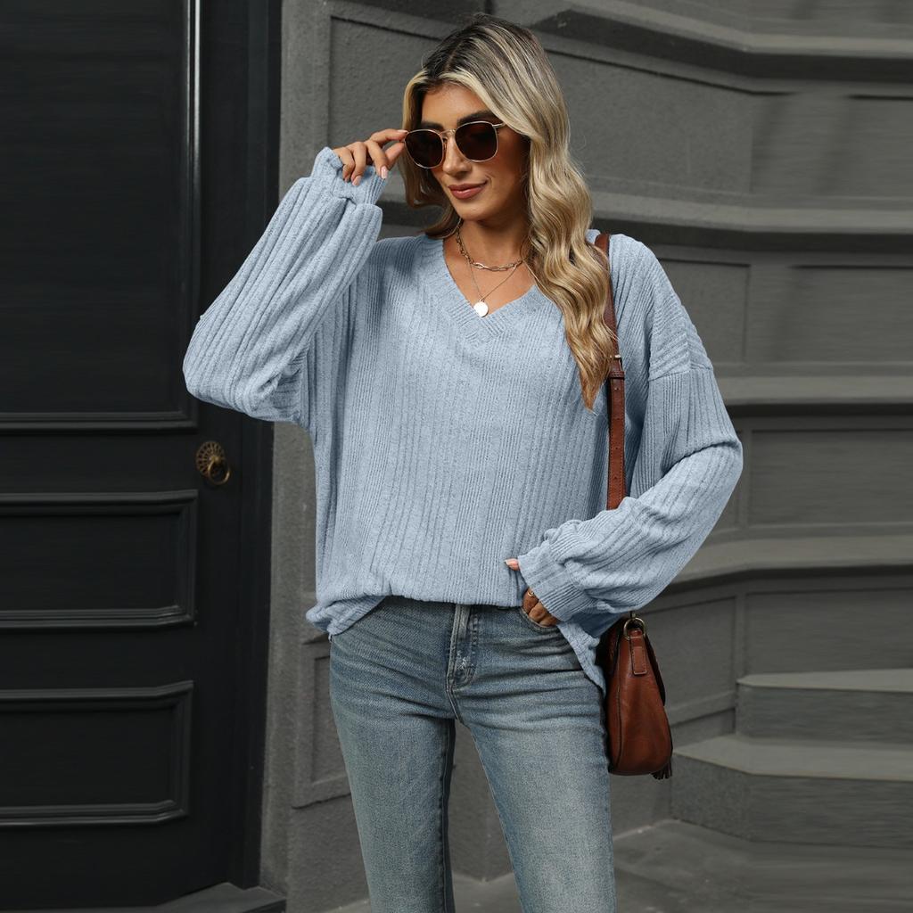 Fall Winter Women's Solid Color V Neck Loose Long Sleeve T-shirt Top Casual Daily Wear For Women
