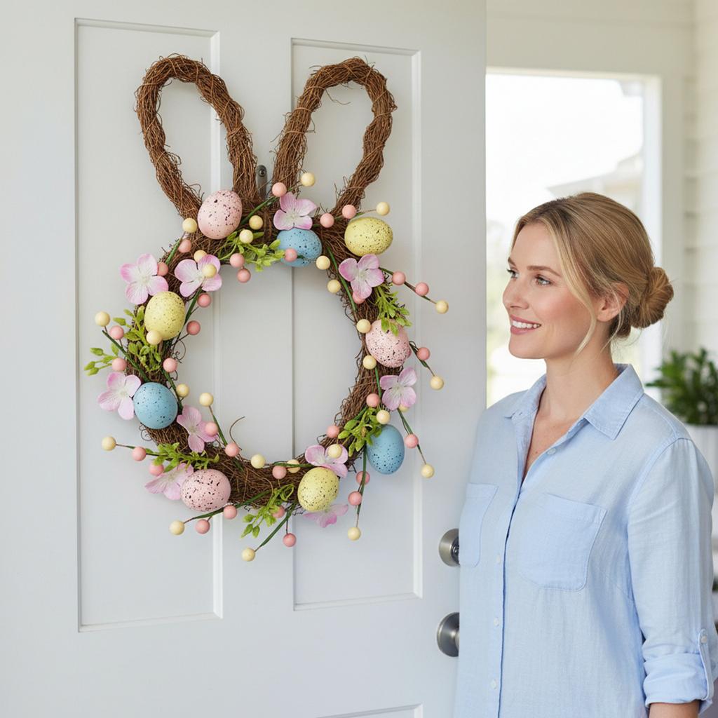 16 Inch Easter Bunny Wreath for Front Door Artificial Floral Wreath with Eggs and Flowers for Easter Decorations