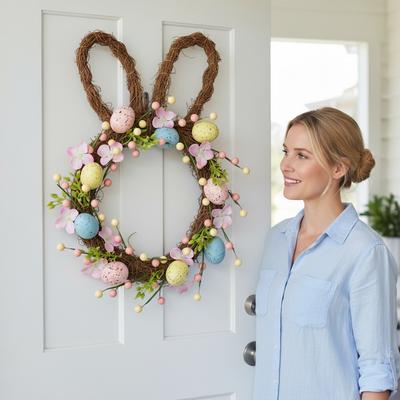 16 Inch Easter Bunny Wreath for Front Door Artificial Floral Wreath with Eggs and Flowers for Easter Decorations