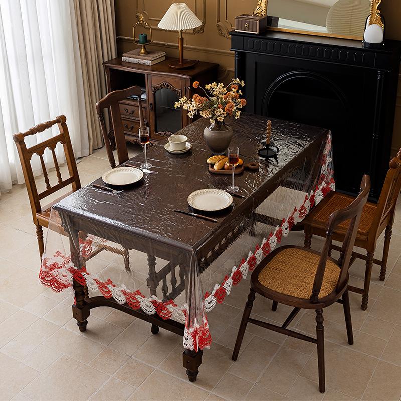 Clear Soft Glass Tablecloth Embroidered Lace Tea Table Cloth Round Waterproof Oil Resistant Heat-resistant Plastics Tablecloth Protective Film