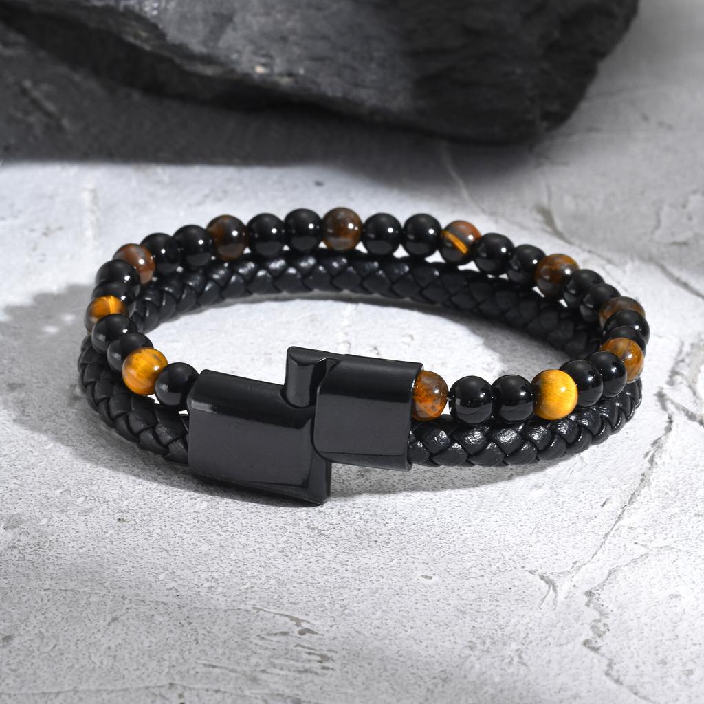 Stylish Leather Bracelet for Men Boys,Double Layers Natural Stone Tiger Eye Black Beaded Bracelet,Gift To Father Husband BBF