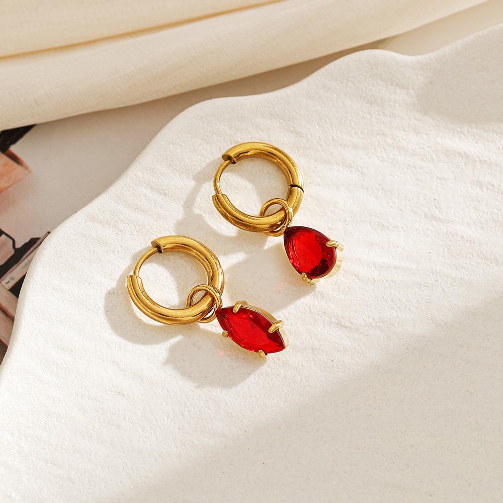 18K Gold-Plated Red Zirconia Stainless Steel Ear Studs with Titanium Steel, Light Luxury Waterproof Ear Cuffs for Women
