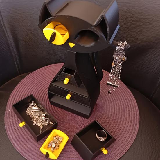 Black Cat Shaped Jewelry Box 3D Printed Cat Jewelry Organizer with 6 Drawers for Necklaces Bracelets Earrings Rings