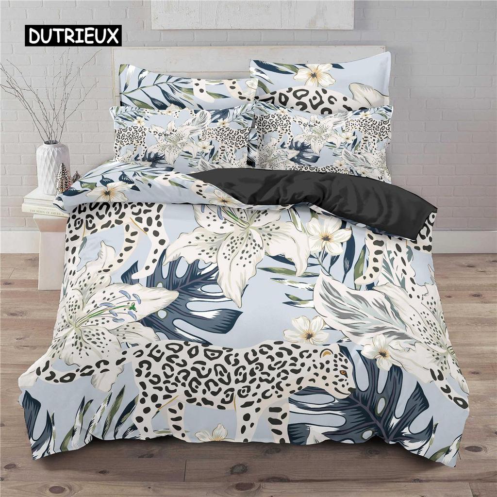 Leopard Print Duvet Cover Set Tropical Plant Flower Print Bedding Set Microfiber 2/3pcs Twin Double Queen King Size Quilt Cover