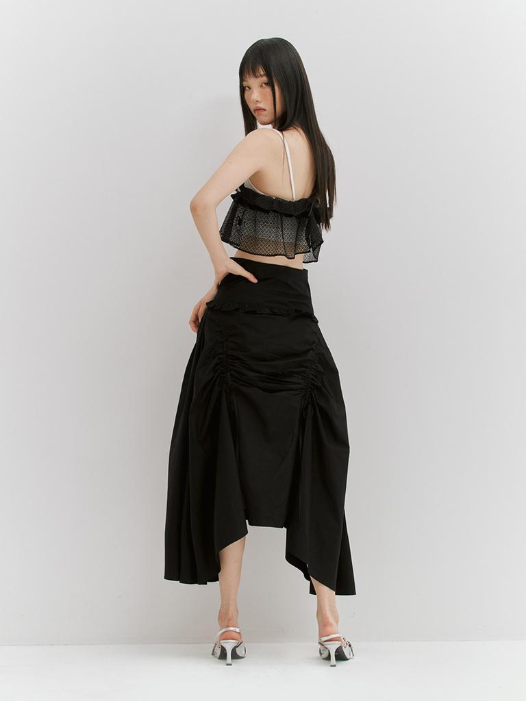 Minderly Shirring Ribbon Long Skirt - Black