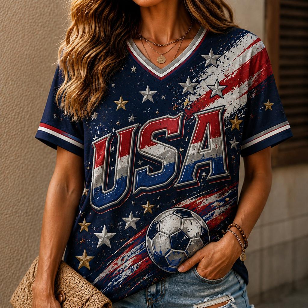Dames V-hals T-shirt met Korte Mouwen en Voetbalprint voor Casual Dagelijks Gebruik