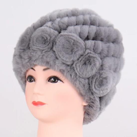 Hot Sale Winter Women Flower Striped Natural Real Fur Hats Lady Warm Knit Genuine Rex Rabbit Fur Caps Outdoor Fur Beanies Hats