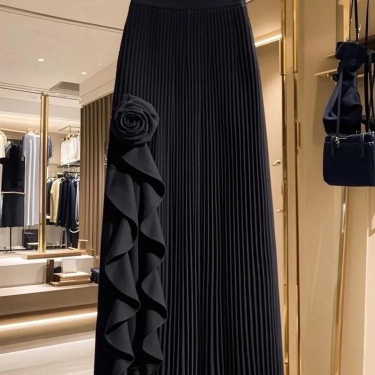 Women's Fall/Winter High-Waisted Slimming French Ruffled Asymmetric A-Line Skirt Elegant Mid-Length Skirt