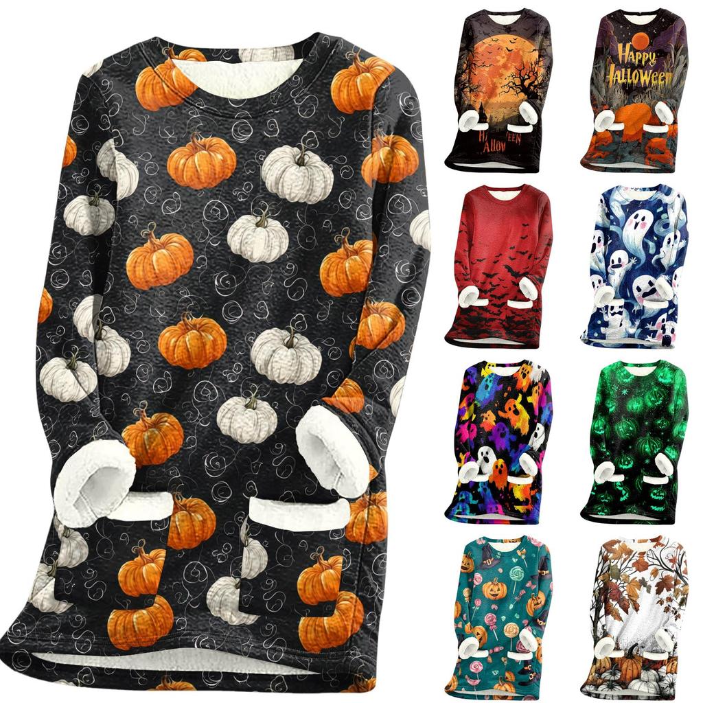 Women Long Sleeve Fleece Lined Tunic Sweater Dress with Halloween Print Soft Warm Thickened Sherpa Pullover for Autumn Winter