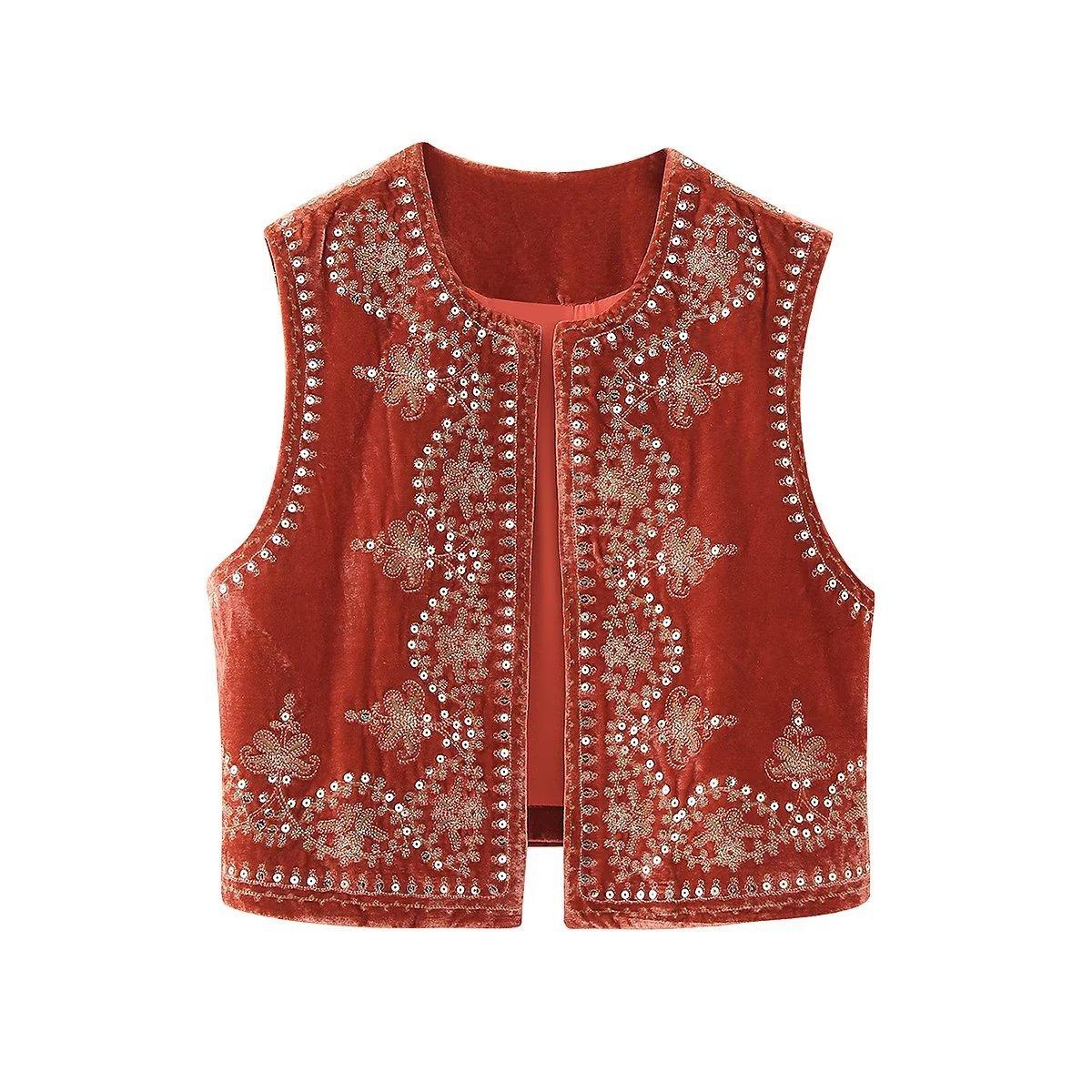 Vintage Herbst Samt Bestickte Weste Ärmellose Jacke Frauen V Neck Chic Westen Weibliche Mode Westen Mantel L orange