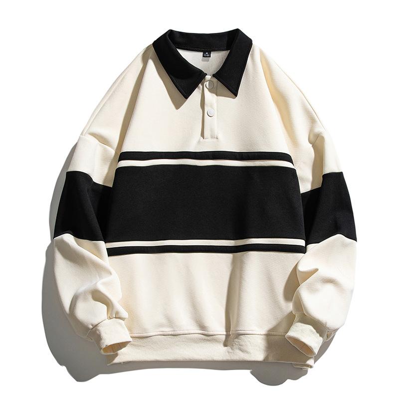

New Velvet and Thickened Men s Winter Loose Large Size Trendy Sweatshirt with Lapel Stripes, Fashionable and Versatile, Trendy L