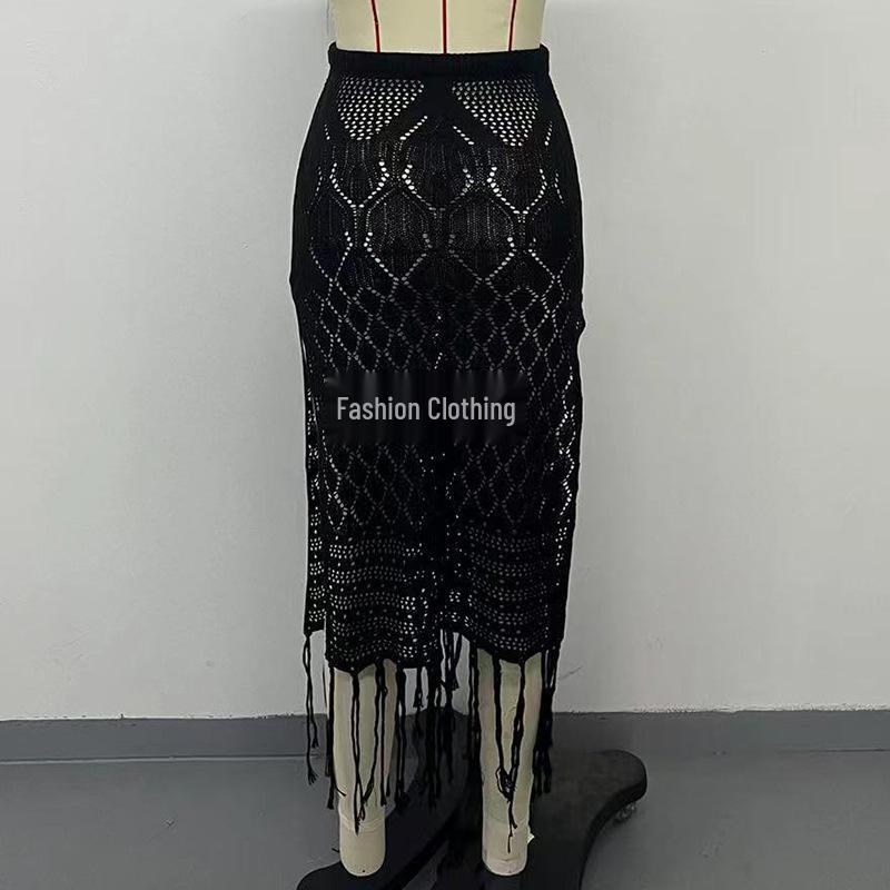 European-American High Slit Tassel Midi Skirt Beach Cover-Up