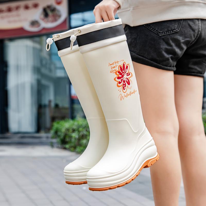 New fashionable women's high tube bundle rain shoes printed winter cotton warm women's water boots outdoor kitchen work shoes