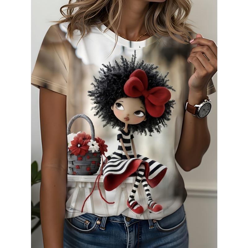 Afro Print T-Shirt, Afro Red Bow And Flower Basket Dress, Cute Art Illustration, Fashionable S