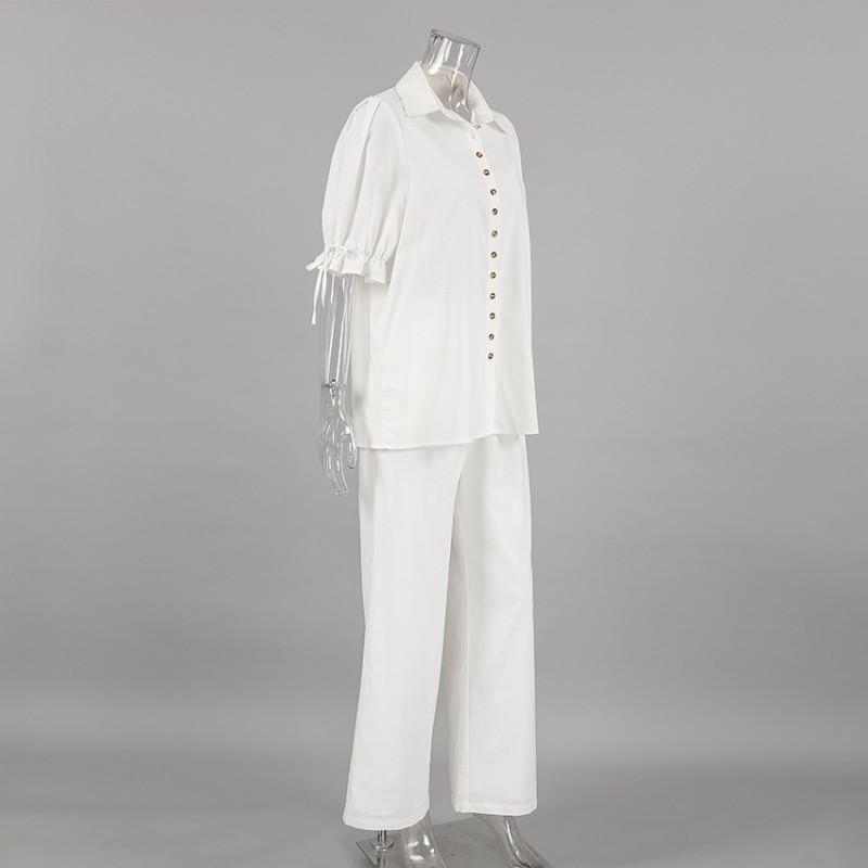 Womens White Cotton Linen Blouse Pants Set Casual 2-Piece Outfit With Puff Sleeves