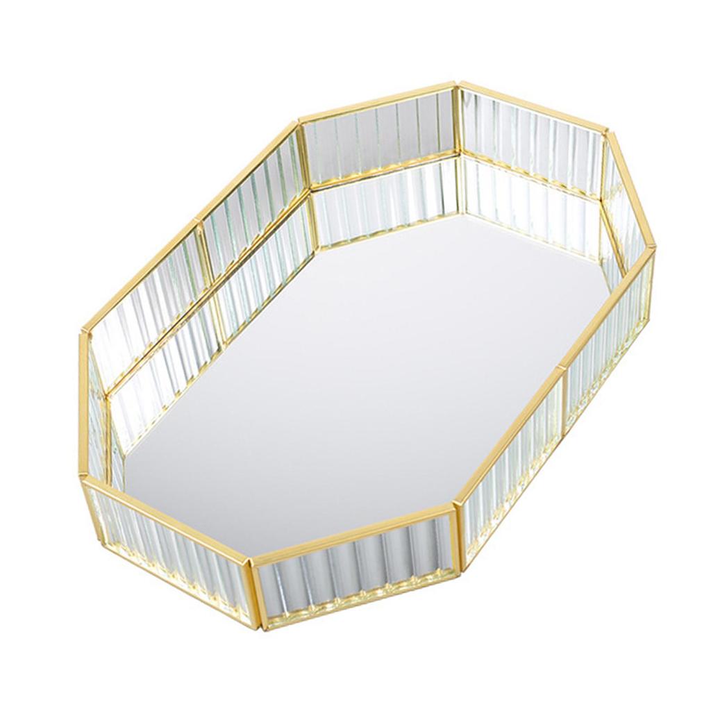 Mirrored Glass Make up Tray, Geometric Jewelry Organizer Ornate Bathroom Vanity Trays, Perfume