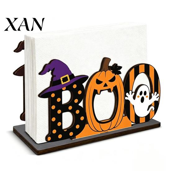Spooky Home Decor Halloween Wooden BOO Napkin Holder, Cartoon Ghost Pumpkin Witch Hat Paper Towel Kids Room Wood Table Centerpiece for Party & Dining