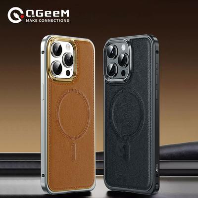 Luxury Leather Magsafe Metal Frame Phone Case Fro iPhone 14 15 Pro Max Aluminum Alloy Frame Leather Back Plate Shockproof Cover