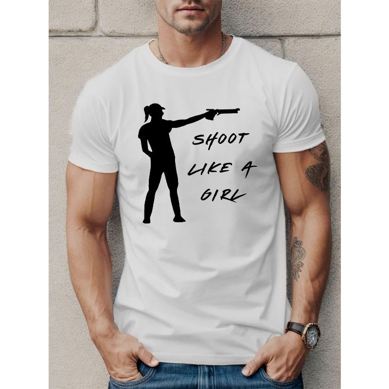 

Men S Casual Crew Neck T-Shirt - Shoot Like a Girl Graphic, Geometric Pattern, Regular Fit, Summer Top S белый