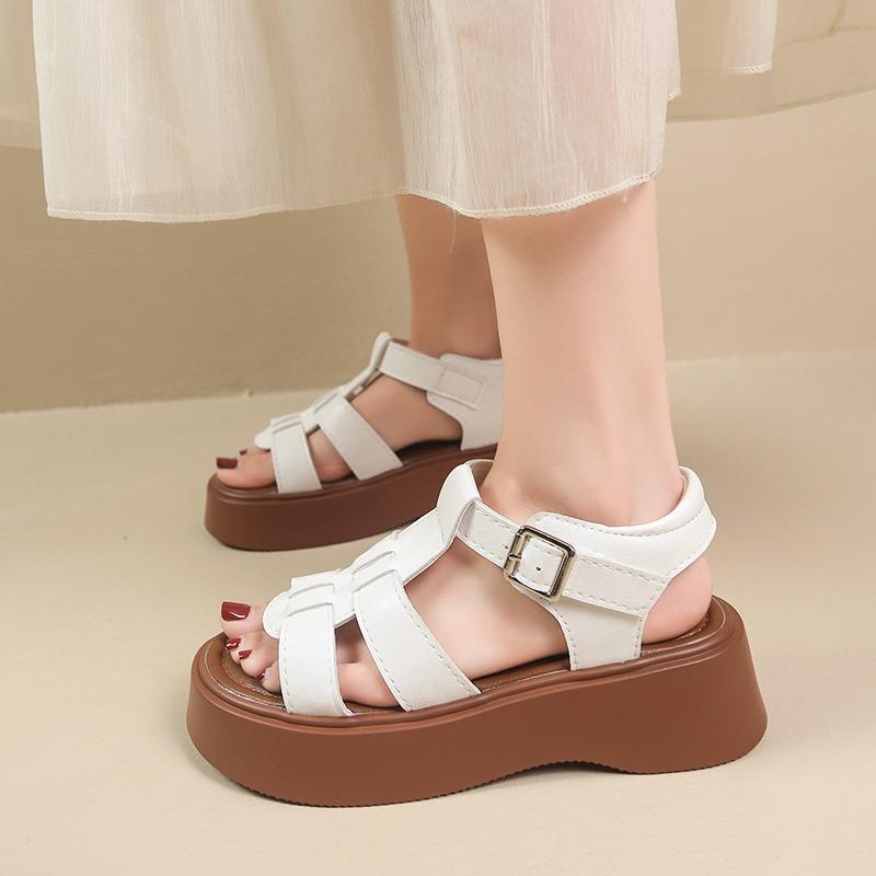 Mode Neu Echt Weiches Leder Dicke Schuhe Römische Sandalen Damen Plateau Sohle Ausgehöhlt Rutschfest Weiche Sohle Lässige Strandschuhe Damen