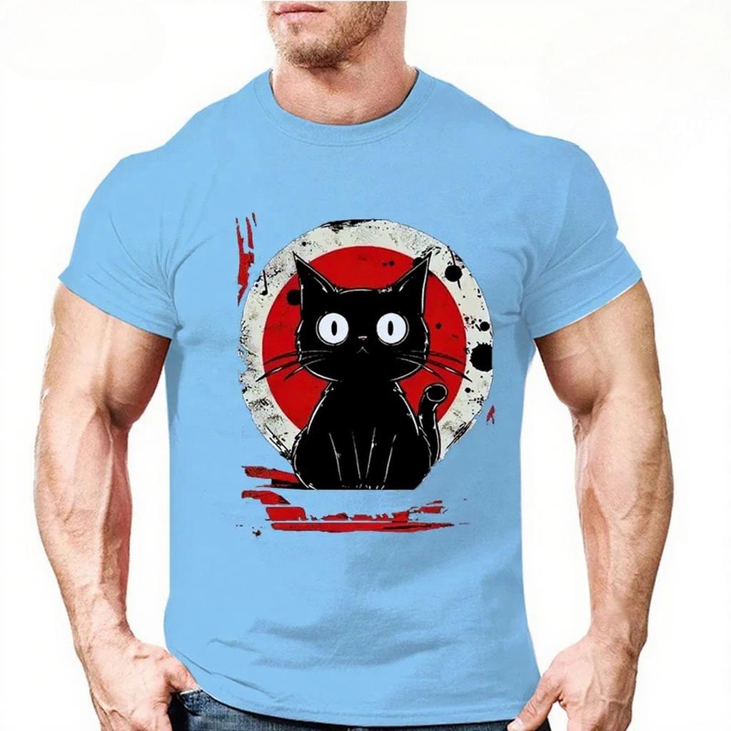 Summer Round Neck 3D Japanese Black Anime Cat Pattern Print Top Fashionable Casual Short Sleeved Men's T-shirts