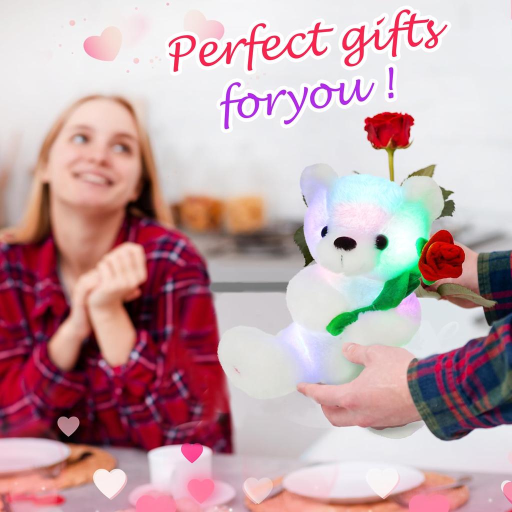 Glow White Teddy Bear with Rose Soft LED Plush Toy Night Light Birthday Gifts for Kids Toddler