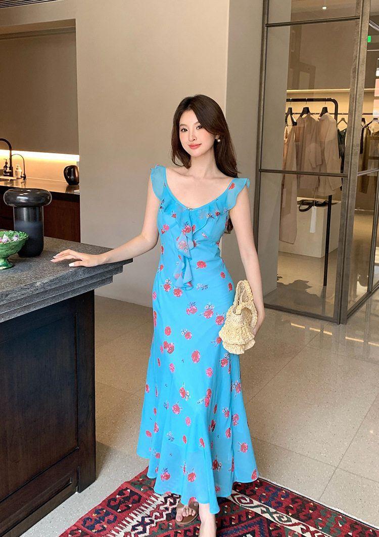 Dopamine French Tyndall Dress Blue Floral Suspender Dress Women s Summer Beautiful Small Dress Fishtail Dress S