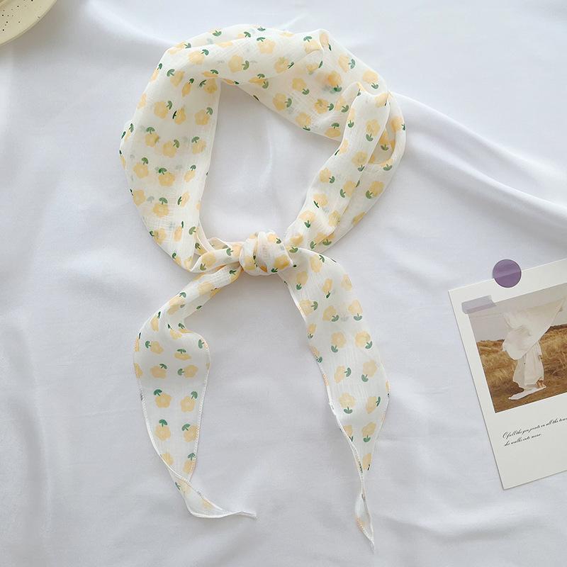 Clearance Sweet French Floral Small Silk Scarf Tied Hair Rhombus Headband Spring and Summer Versatile Literary and Artistic Style Decorative Streamer