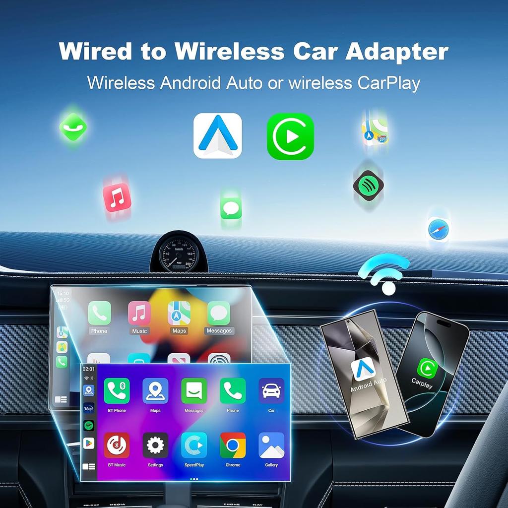 2-in-1 Mini Android Auto & Wireless CarPlay Adapter, Compact USB Dongle for iOS 12+/Android, No Delay