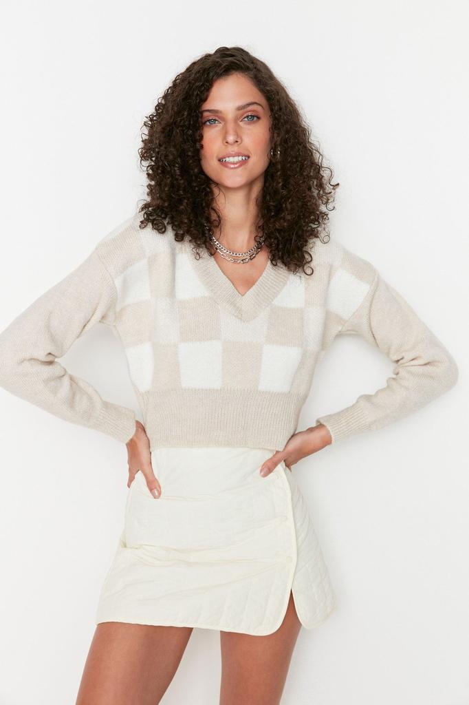 Women's Elegance Style Sweater Stone Crop Soft Textured Patterned Knitwear Sweater