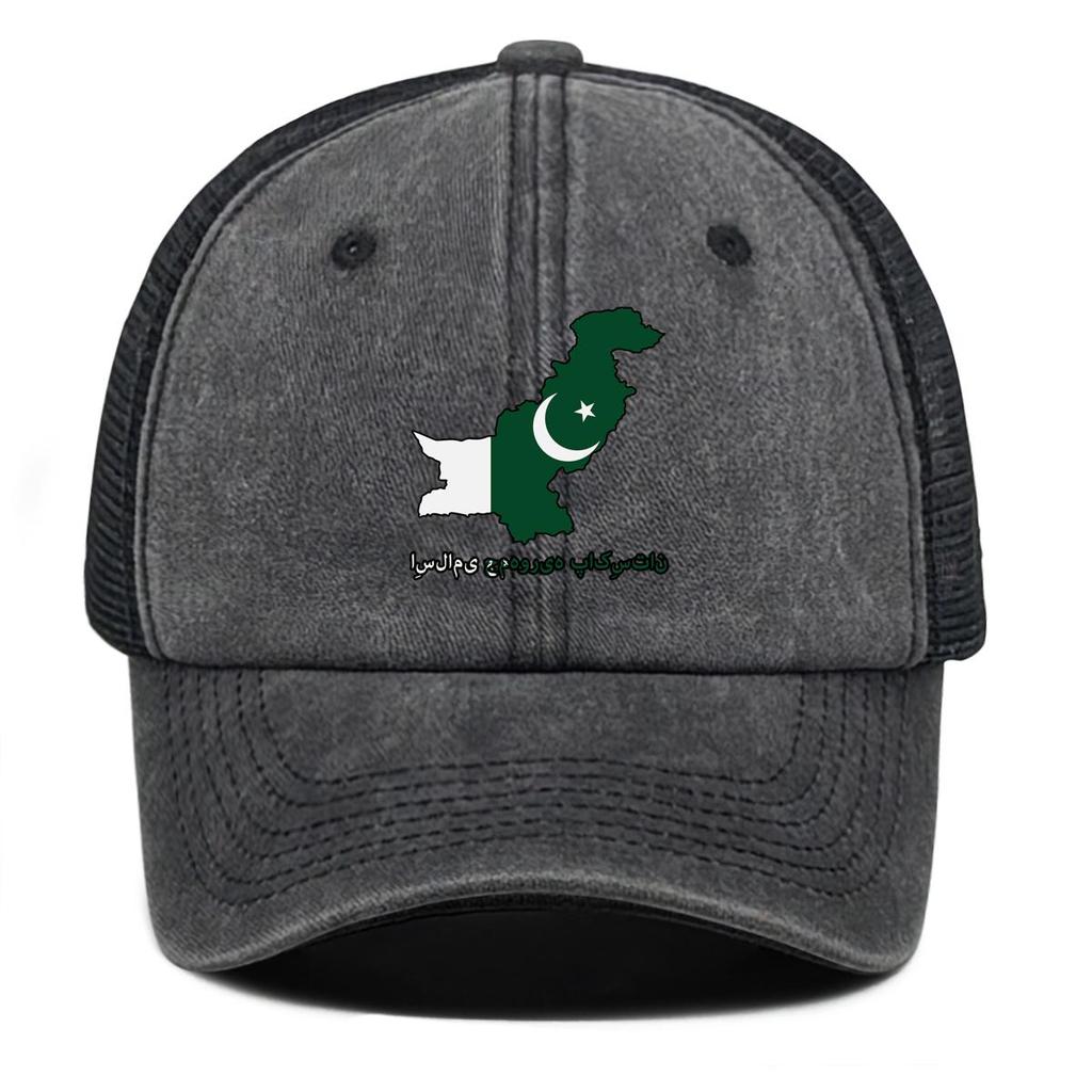 Map Flag of Pakistan Print Snapback Trucker Hat, Patriotic Dad Hat Polyester Solid Color Casual Sun Visor Adjustable Mesh Cap