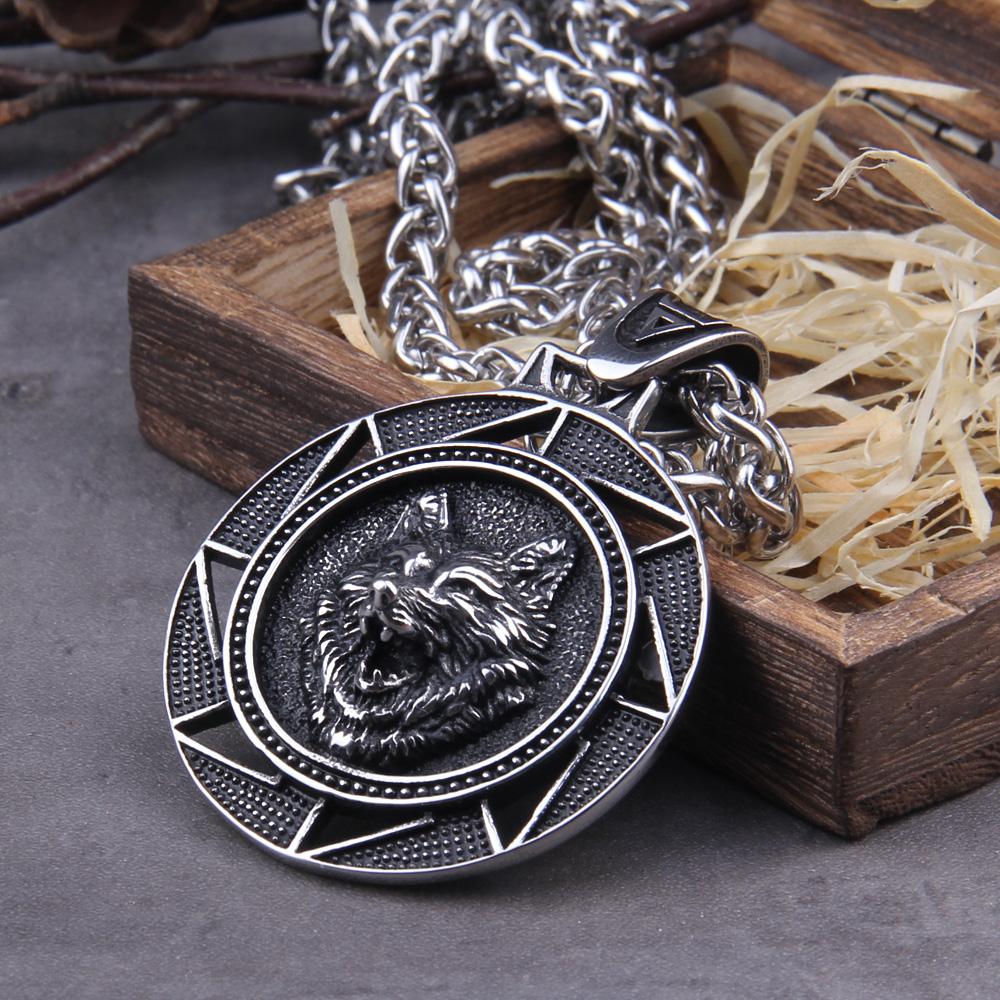 Stainless Steel Wolf Head Norse Viking Pendant Necklace for Men Never Fade with Wooden Box Christmas Gift