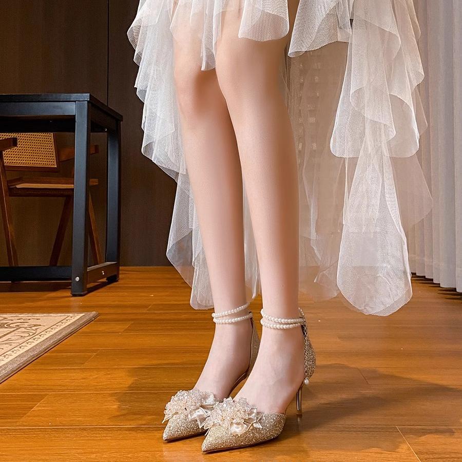 Bride Main Wedding Shoes Women's 2025 New Crystal Sparkling Single Shoes French Stiletto Pearl Stunning High Heels Autumn