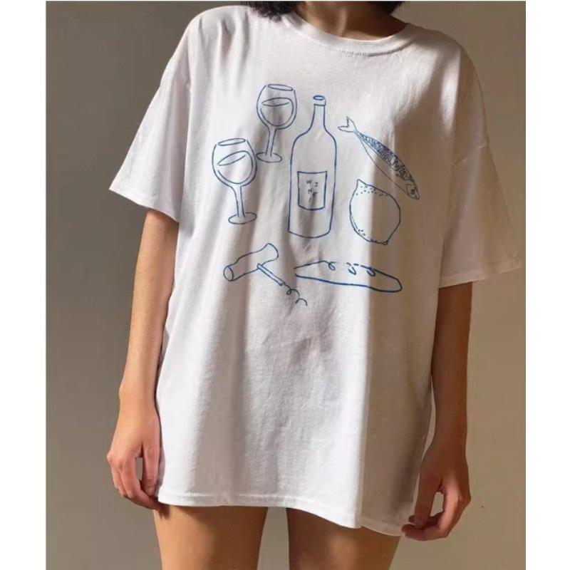 

Aesthetic White Loose Cotton Short Sleeve Casual Women Tees New Unisex Wine TShirt Trendy Dinner Ingredients Graphic Tops S