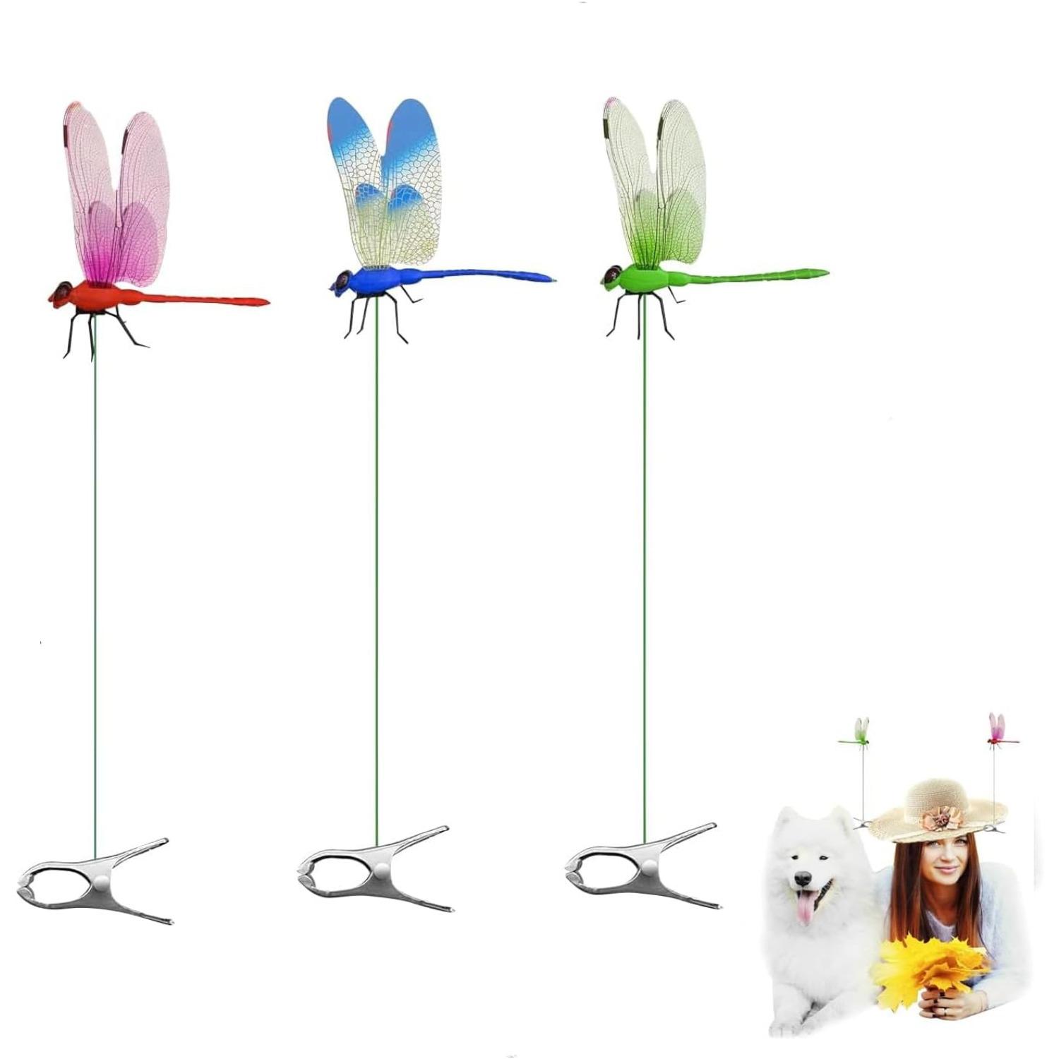 12 Pack Dragonfly Clip,Fake Dragonflies, Humming Bird Stakes Fake, Plastics Dragonfly for Garden Stakes Decor Yard Ornaments for Hat,Deer and Horse 3-Pack