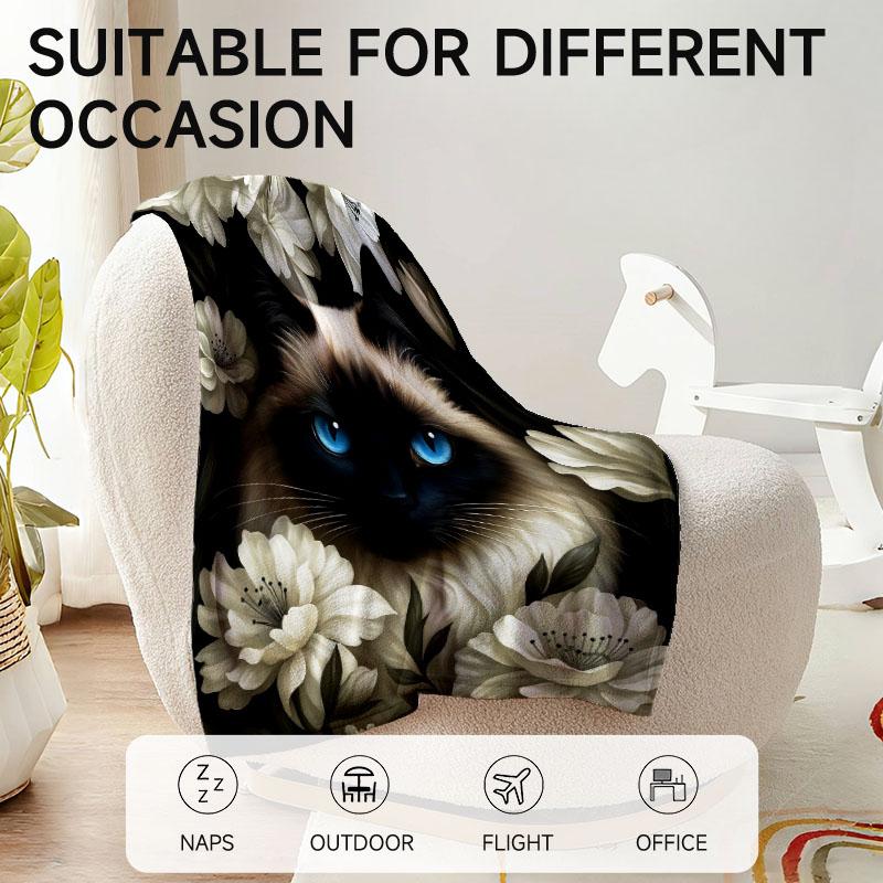 Creative White and Blue Cat Pattern Flannel Blanket, Suitable for Nap Blanket, Sofa, Office, Bed, Christmas and Halloween Gifts