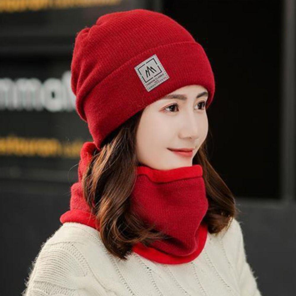 Thicken Plus Velvet Scarf Warm Knit Hat Cold-proof Neck Cover Solid Color Beanies Caps  Mens Womens