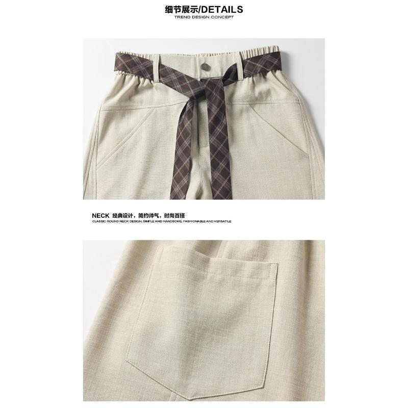 Vintage Contrast Color Plaid Belt Curved Wide Leg Loose Casual Pants For Men