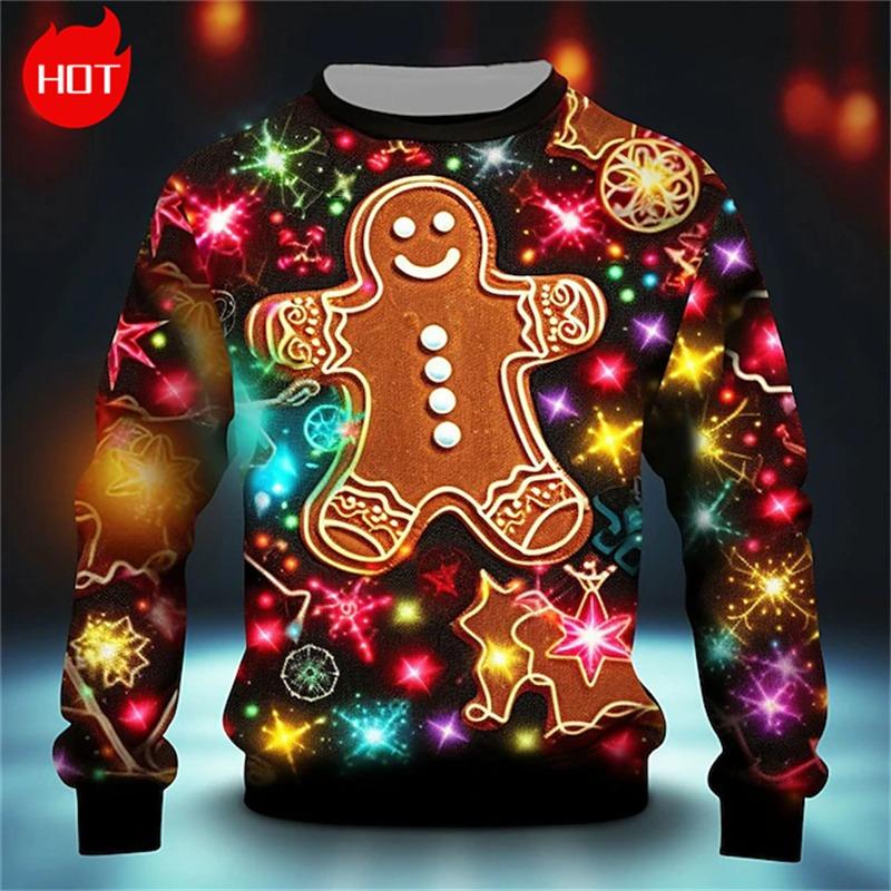 Gingerbread Man 3D Printing Sweatshirts Vintage Happy Christmas Graphic Round Neck Hoodie Fashion Ugly Christmas Sweatshirt Tops