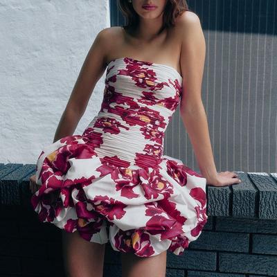 2024 Autumn/Winter Off-Shoulder Floral Pleated Dress: French-Style Puffy Skirt Trend