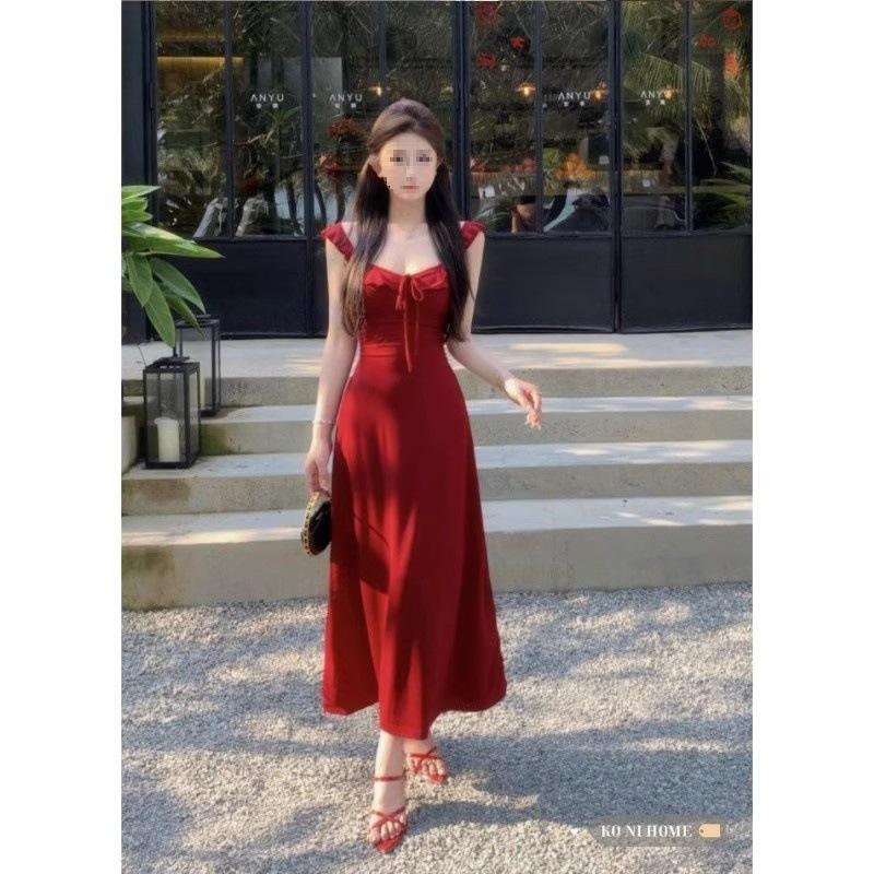 Gentle Wind Sweet Temperament Suspender Burgundy Dress Women's Spring and Autumn New Simple and Thin Beautiful Medium and Long Skirt